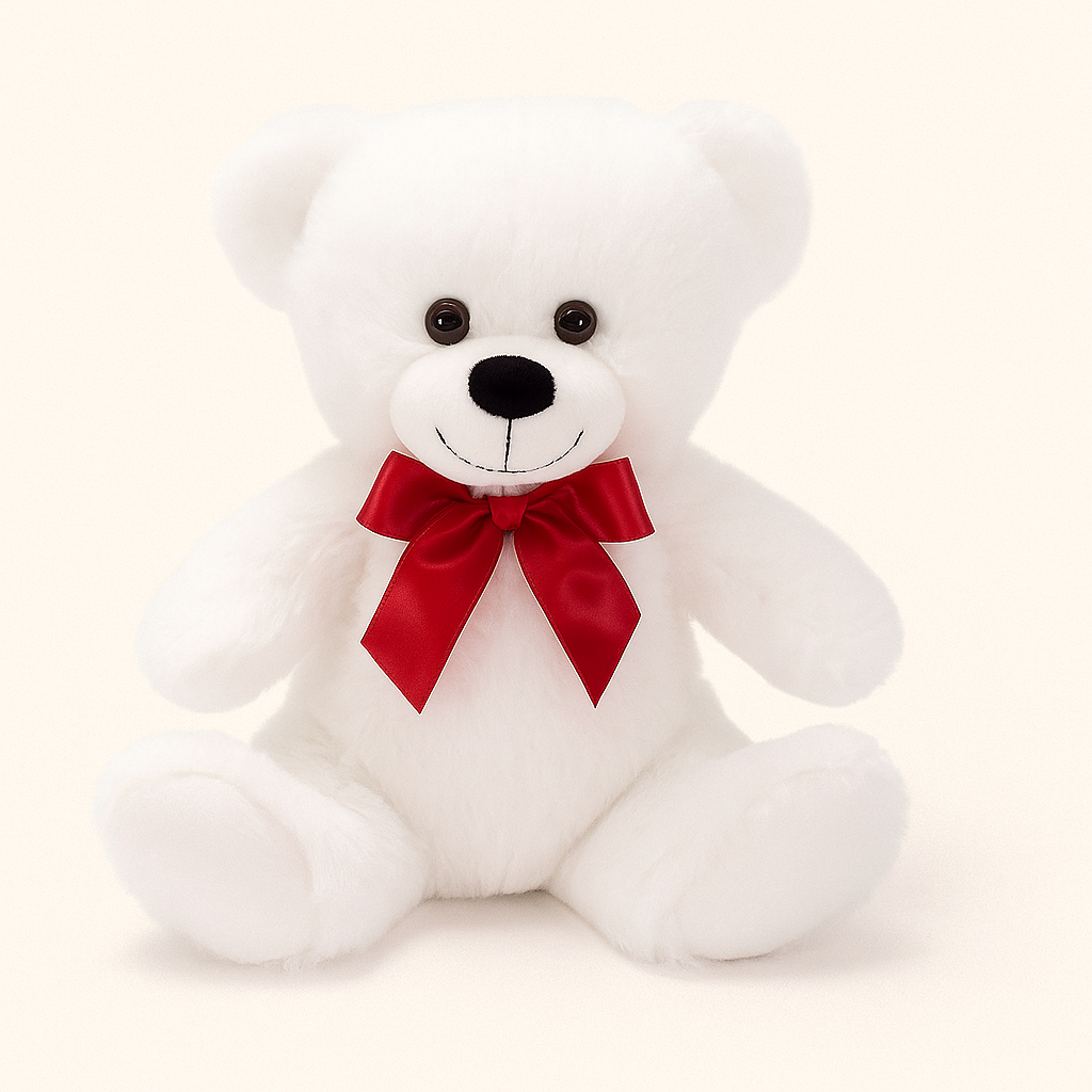 Plush White Teddy Bear with Red Bow – 8"